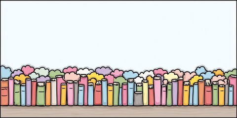 Colorful book stacks, clouds, light blue