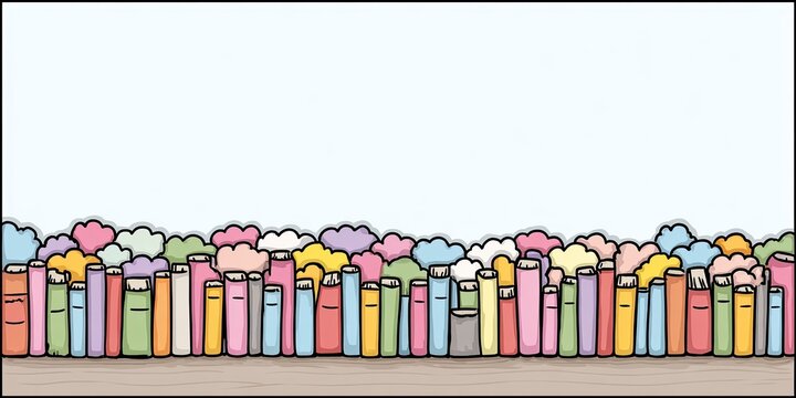 Colorful book stacks, clouds, light blue