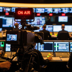 A professional video camera with an "ON AIR" sign in a television studio control room, with monitors and staff in the background.