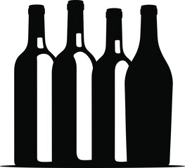 Silhouette of Four Wine Bottles Standing Together on White Background, Minimalist Vector Illustration for Beverage, Bar, or Alcohol Design