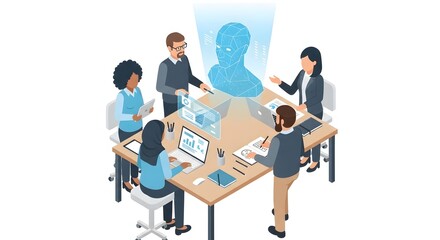 Isometric Business Team Collaborating with AI Assistant Hologram for Technology and Startup Presentations