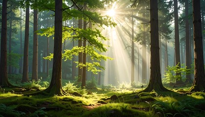 Obraz premium Sunbeams pierce a misty forest
