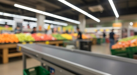 Blurry supermarket aisle with fresh produce and a conveyor belt, depicting a typical shopping experience in a modern grocery store, highlighting variety and accessibility