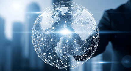 Global network connection concept, businessman touching digital world with bright futuristic technology interface.