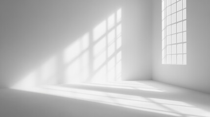 Fototapeta premium 69.A modern, minimalist scene featuring a white wall bathed in soft daylight, with crisp windowpane shadows adding a layered, architectural touch. The scene feels peaceful and refined, with an