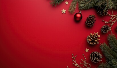 Festive red background with pine cones stars and christmas tree branches, elegant holiday celebration design with ample copy space for text or customization