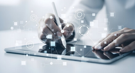 Modern professional uses stylus on tablet with futuristic digital interface overlay, showcasing innovation.