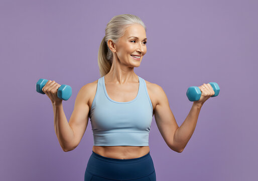 Confident senior woman joyfully lifting dumbbells, embracing a healthy active lifestyle and empowering fitness journey