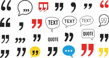 Create a kinds of Quotation marks and punctuation symbols, double and single inverted comma, text quotes, speech marks, typography quote icons, grammar and editorial conversation elements. vector art 