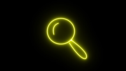 Bright neon yellow magnifying glass icon glowing in the dark against a black background representing search and discovery