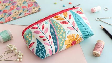 Obraz premium Colorful floral fabric pouch with zipper and sewing supplies image