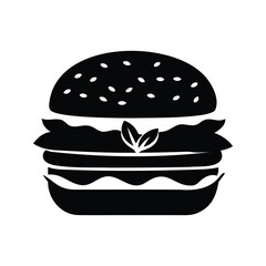 Monochrome Illustration of a Classic Sesame Seed Burger with Leafy Greens, vegan burger silhouette vector illustration