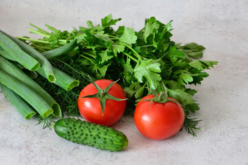 Fresh Vegetables Tomatoes, Cucumber, Green Onions and Herbs