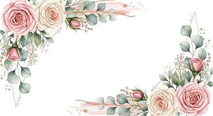 Watercolor Floral Arrangement with Roses, Eucalyptus, and Gold Accents on White Background