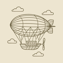 Vintage airship balloon with gondola among clouds