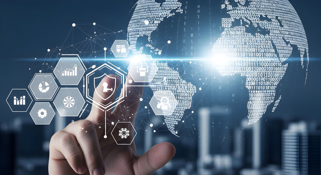 Innovative digital security concepts connecting global data and business insights with secure network protection