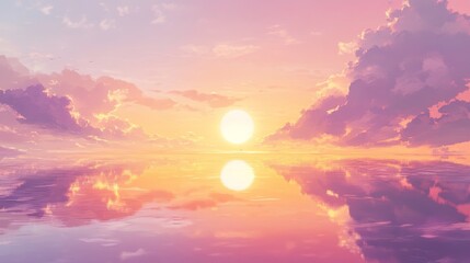 Fototapeta premium 52.A tranquil dawn scene featuring a warm yellow and pink gradient in the sky, with delicate wisps of clouds glowing as the sun rises. The still water below captures the skyâ€™s soft colors, adding