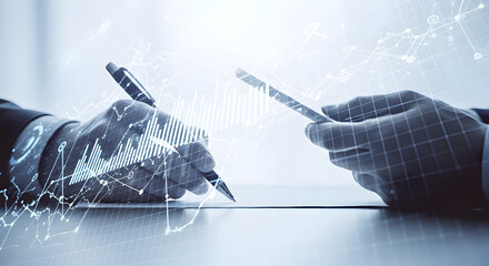 Hands analyzing financial data charts with digital overlay, representing business growth and analytics.