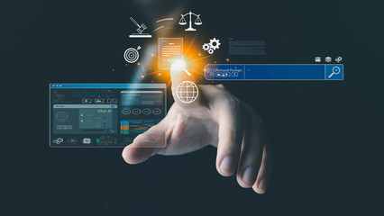 A person's hand touches a futuristic holographic interface, searching for legal and business data with AI technology. The virtual screen displays icons for law, targets, and data analysis.