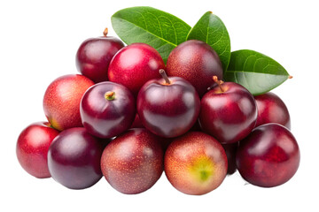 Obraz premium Pile of fresh and ripe red plums with green leaves isolated on transparent background