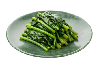A vibrant heap of stir-fried greens sits artfully arranged on a polished, mottled green plate, showcasing a rich, deep green hue.