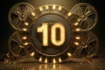 Vintage countdown leader display showing number ten with film reels and dramatic lighting in an old cinema setting evocative of classic movie beginnings