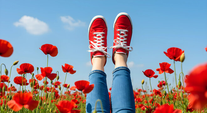 Feet in red sneakers up in the air among a field of vibrant red poppies under a clear blue sky with fluffy clouds, conveying joy and freedom