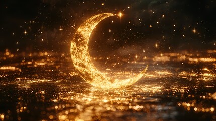 Golden crescent moon, night sky, glowing particles