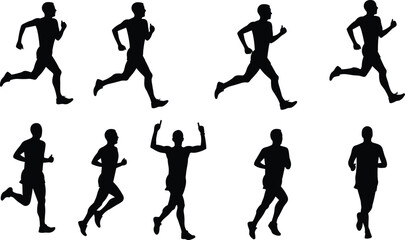Silhouettes of a man running in different dynamic poses, showcasing athletic motion, jogging, fitness, and exercise activity on white background.