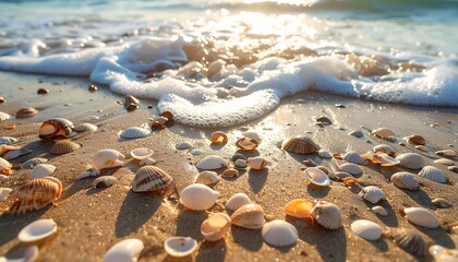 A close-up view of various seashells on a sandy beach at sunrise, showcasing the delicate patterns and textures of the shells, and the soft golden light reflecting on the wet sand.