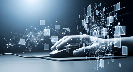 Innovative tech user navigates abstract digital network with futuristic data visualization