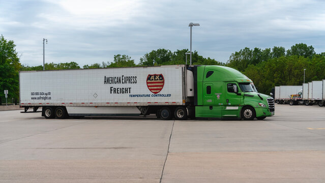 Allentown, PA - Aug 24, 2025: 16:9 wide view of American Express Freight Trailer-truck, American Express Freight is an active freight transportation carrier based in Lemont, Illinois