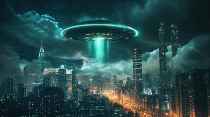 Obraz premium Ufo spaceship flying over modern city at night with bright lights and clouds symbol of alien invasion science