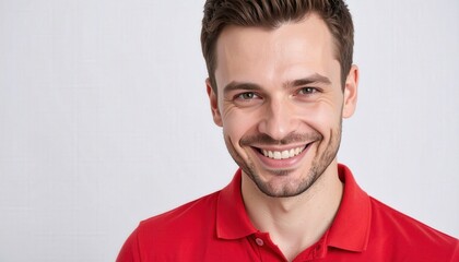 Obraz premium A portrait of a happy man wearing a red shirt, smiling and filled with confidence. Capturing the essence of genuine joy and positive emotions.