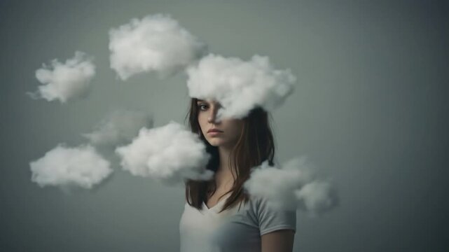 Woman in thought cloud concept head in the clouds mental state