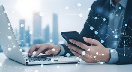 Dynamic professional seamlessly connecting global networks, leveraging technology for modern business growth and innovation