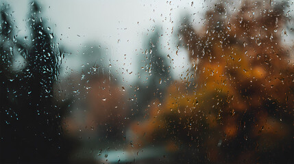 Macro shot of raindrops on a window with blurred autumn trees in the background, soft focus, feeling of gloom and coziness, glass texture with rain streaks, natural gloomy lighting, cinematic image