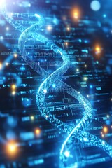 Glowing blue dna strand with digital background symbol of science genetics biology research data and medicine