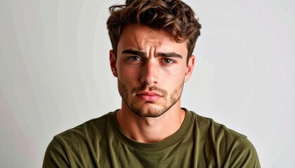 Fototapeta premium A portrait of a man with a serious and contemplative expression, capturing the intensity of his gaze and the emotions held within. 