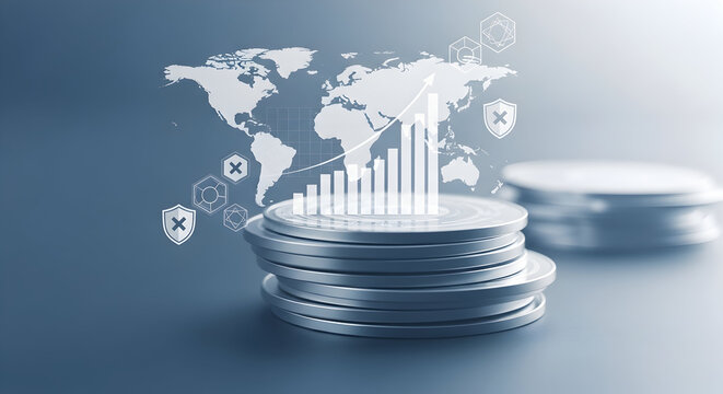 Global financial growth visualized with rising bar chart, world map, and security icons over stacked coins