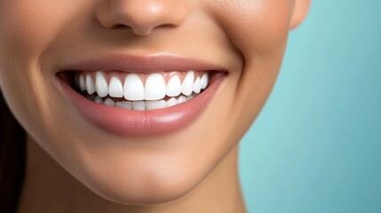 Bright white smile with healthy teeth closeup on blue background symbol of beauty dental care and happiness