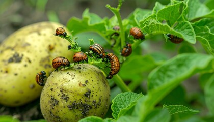 Close-up view of potato beetles on potato plants and tubers, showcasing a cluster of insects on leaves and potato, with natural light.