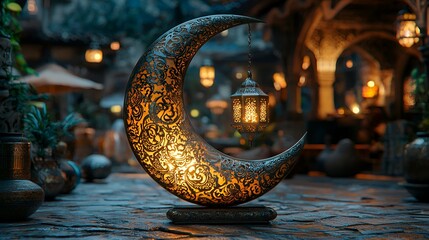 Ornate moon lantern in a mystical courtyard