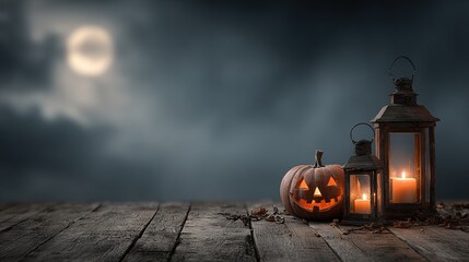 Vintage Lanterns and Pumpkin on Rustic Wood with Full Moon - Autumn Holiday Still Life, Seasonal Decor, Mysterious Atmosphere