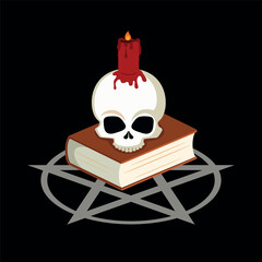 Skull on a book and a red burning candle vector illustration. Human skull with candle, book and pentagram on a black background. Spooky halloween design element. Occult tools vector