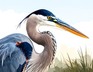 Fototapeta premium Detailed close-up of a great blue heron, showcasing its elegant plumage and sharp features against a soft, natural background.