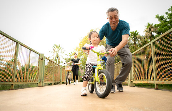 Grandfather teaching little girl to ride balance bike in park while family supports