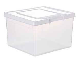 A simple transparent plastic container with a lid, a common household storage item, isolated on a white background.