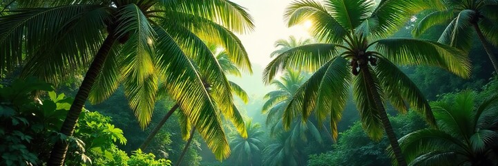Fototapeta premium Lush green palm trees form a dense forest, sunlight dappling through the leaves, creating a serene and tropical atmosphere Perfect for travel, nature, or vacation themes , plants, travel