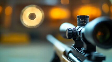 Rifle scope close-up with blurred target in background